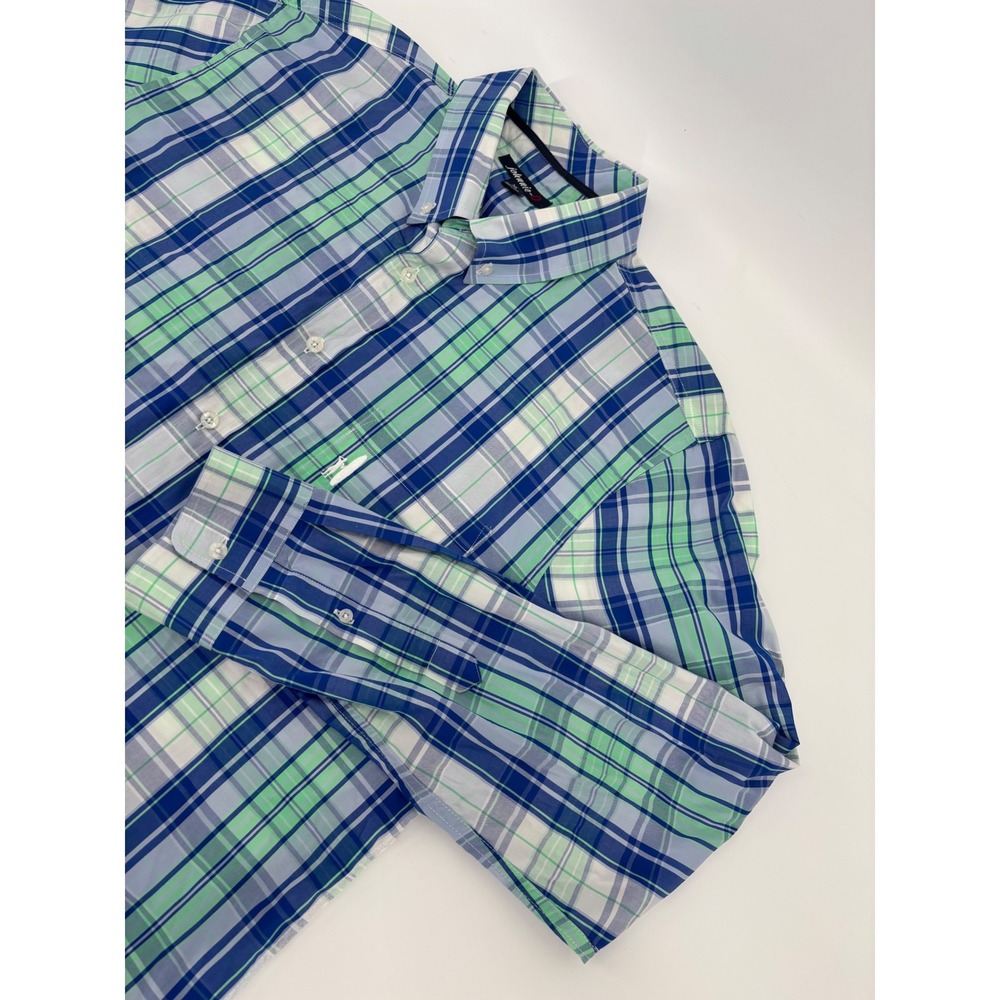 Johnnie-O Mens XL Blue Green Plaid Long Sleeve Button Down Cotton Shirt